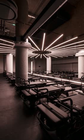 Darkened pilates studio with a radiating fan of linear ceiling lights above rows of reformers