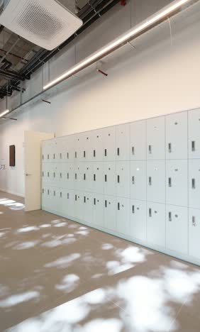 Corridor with a full wall of pale grey lockers and dappled sunlight across the floor