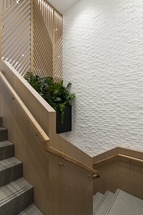 Staircase with white brick walls, a timber balustrade and a planted recess